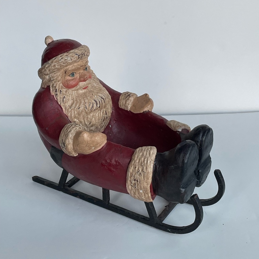 VTG Department 56 Santa Sleigh Primitive Candy Dish Bowl Figure Crackle Large
